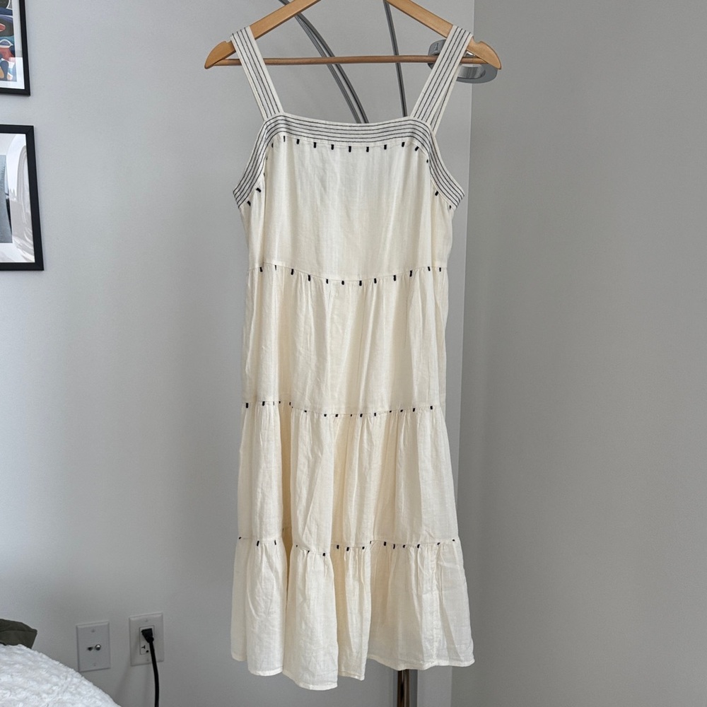 Old Navy Cream Tiered Midi Dress with Striped Trim